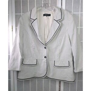 Nine West Womens Blazer 16 Cotton Blend 3/4 Sleeve Buttons Pinstripe White Black